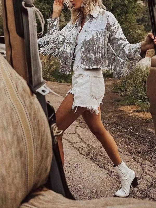 2023 cross-border foreign trade women's fashion sequins tassel cardigan coat performance clothing stage suit collar