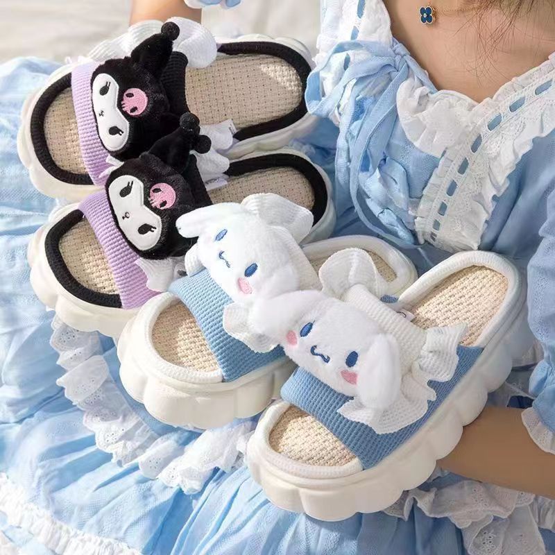 High-looking Sanrio linen slippers spring and summer men's and Women's Home soft bottom thickened non-slip couple home shoes