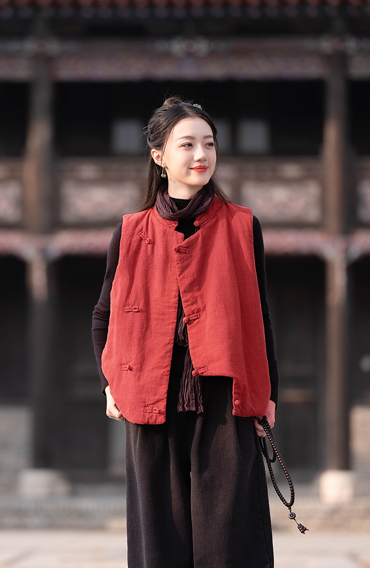 23 cotton and linen women's clothing New National style vintage buckle cotton vest top women's sand wash linen quilted warm vest_voghion.com