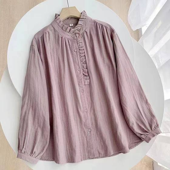 Chinese Style Artistic Retro Solid Color Shirt Women's 2024 Spring and Autumn New Cotton and Linen Ruffled Long Sleeve Cardigan Top