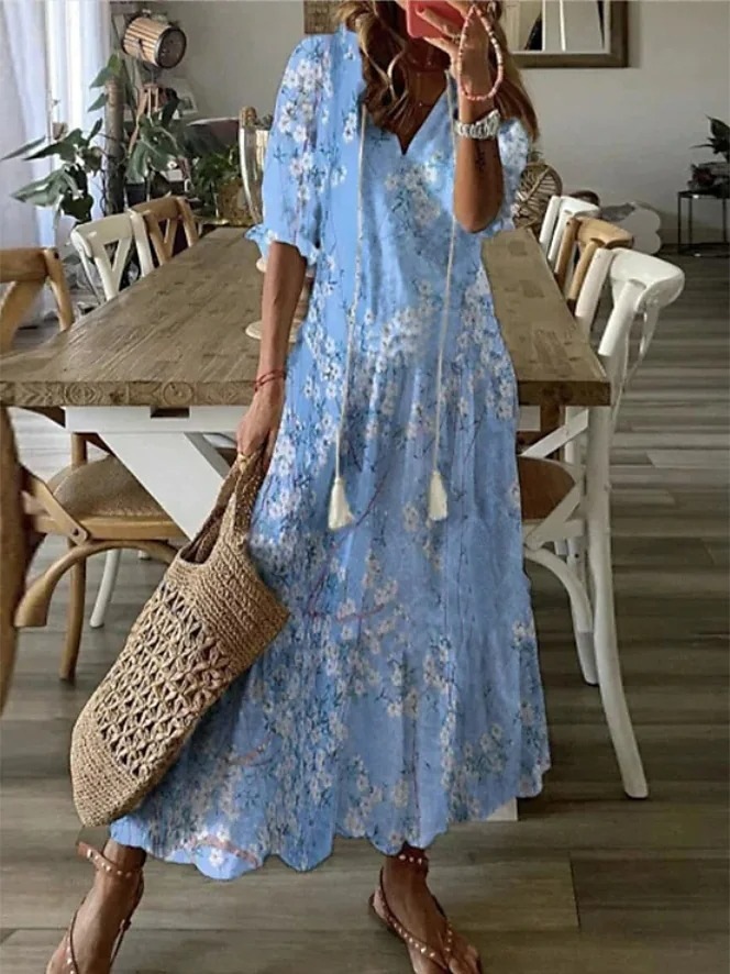 European and American Cross-border Hot Selling Casual Sweet Loose V-neck Printed Sling Mid-sleeve Long Dress for Women in Stock