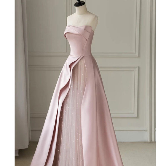 Pink Strapless Evening Dress Dress 2023 Autumn New Engagement Banquet Toast Dress Birthday Party Host Evening Dress
