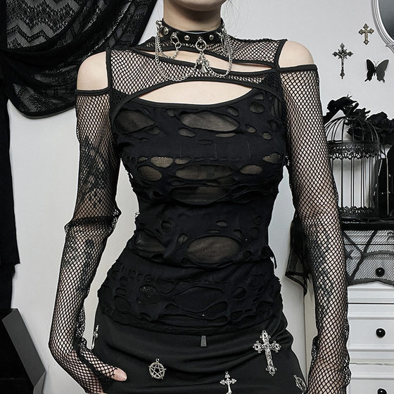 CF23498 autumn new personalized women's clothing dark style hot girl Sexy Slim mesh ripped long sleeve top for women