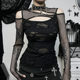 CF23498 autumn new personalized women's clothing dark style hot girl Sexy Slim mesh ripped long sleeve top for women