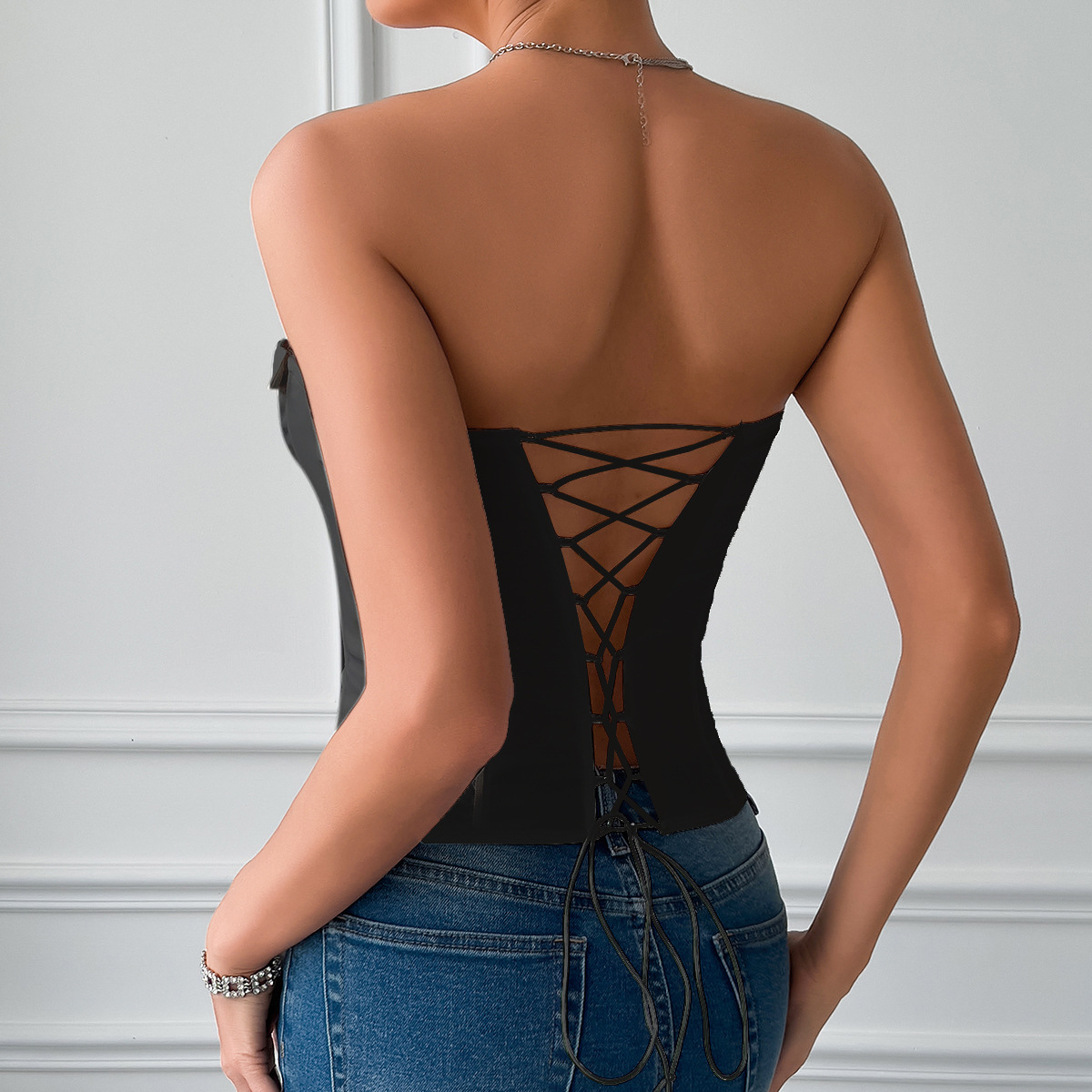 Cross-border Foreign Trade Hot Selling Spice Girls Low-cut Business Style Color Tie Solid Color Fishbone Lace-up Steel Ring Top 70081