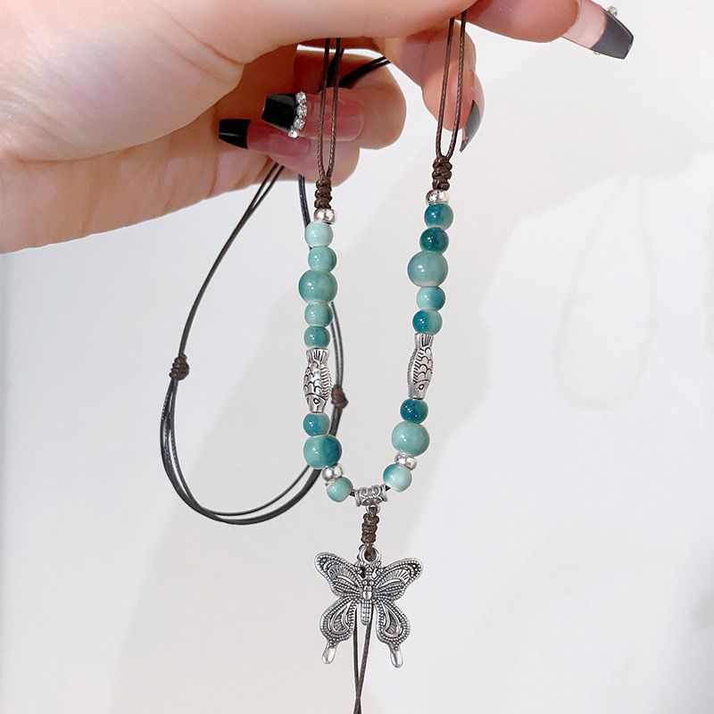 Qingge Ethnic Style Necklace Vintage All-match Butterfly Color Glaze Pendant Woolen Chain Long Spring and Summer Women's Style