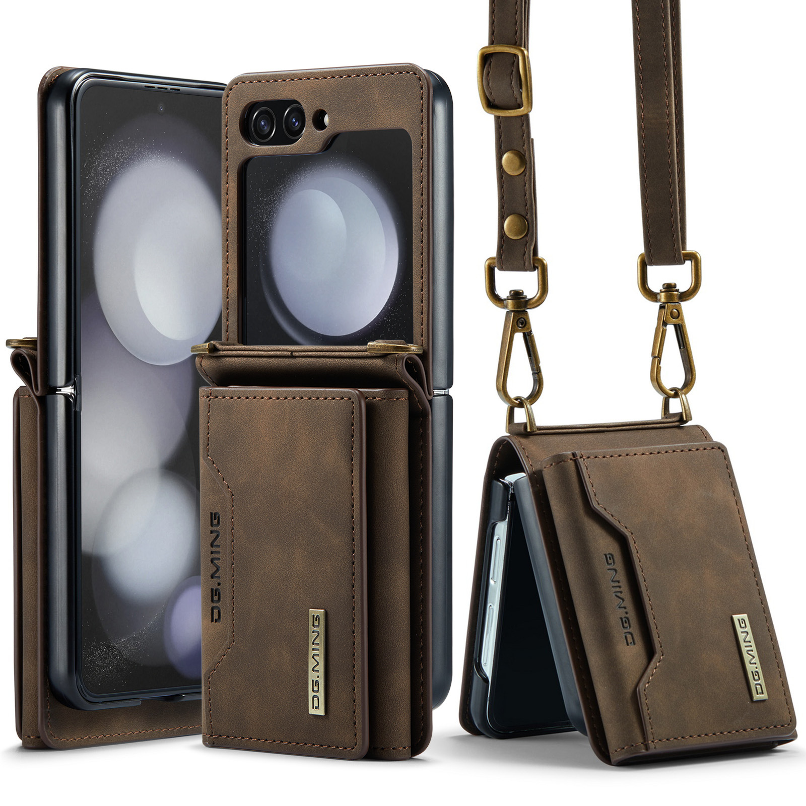 M2 folding case for Samsung Z Flip5 card wallet phone case Z Flip4 shoulder strap card holder protective leather case