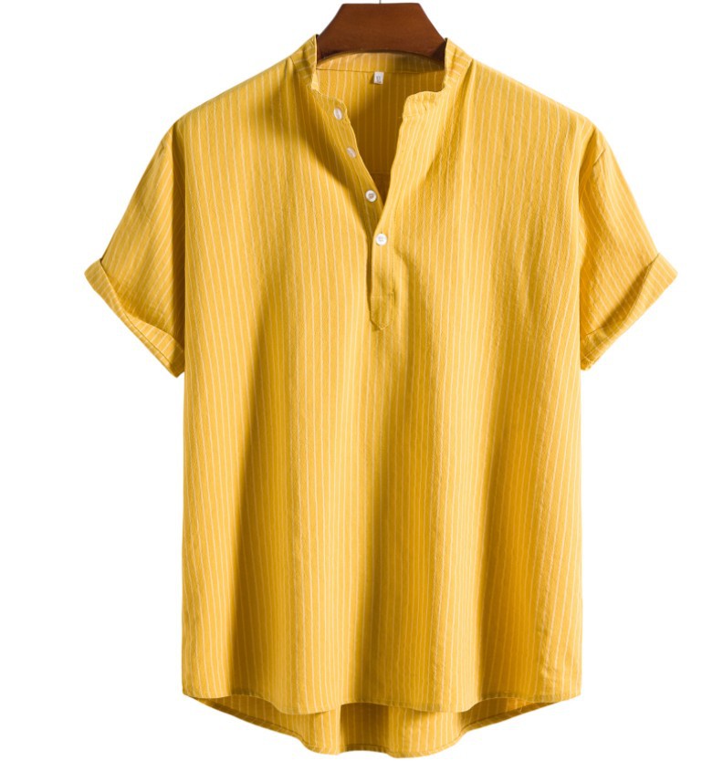 Cotton Linen Short-sleeved T-shirt Men's Summer Foreign Trade Youth Loose Striped Sports Short-sleeved Pullover Stand Collar Polo Men's T-shirt