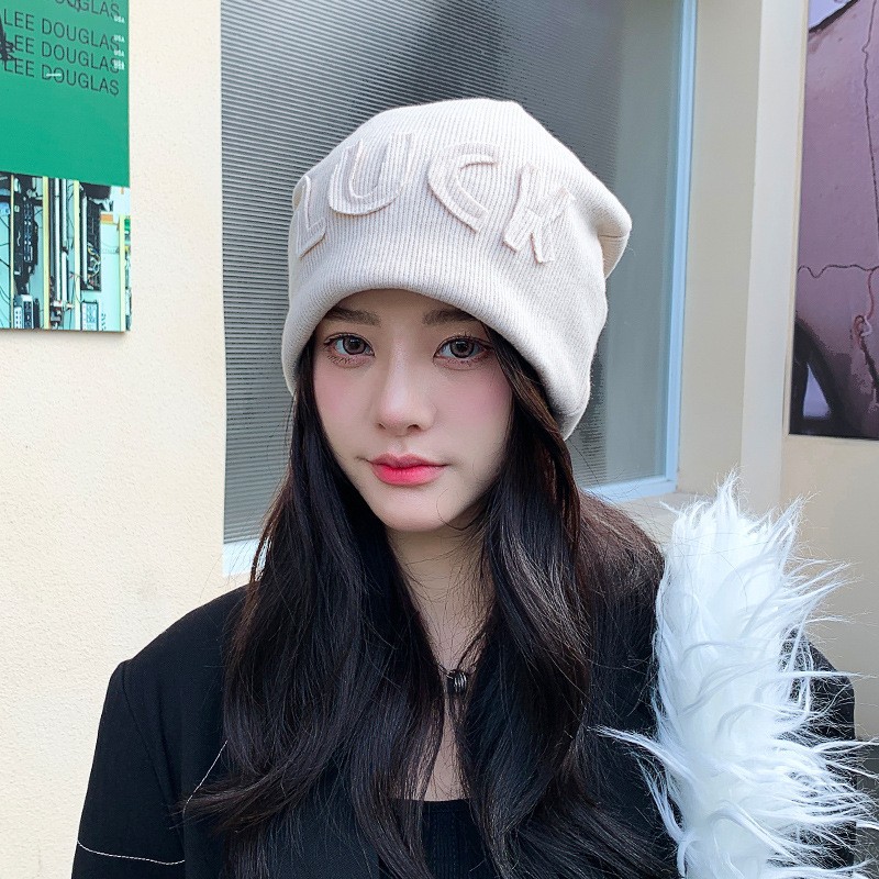 LUCK three-dimensional letters autumn and winter warm all-match pile hat female Korean style cool hat fashion wool knitted hat