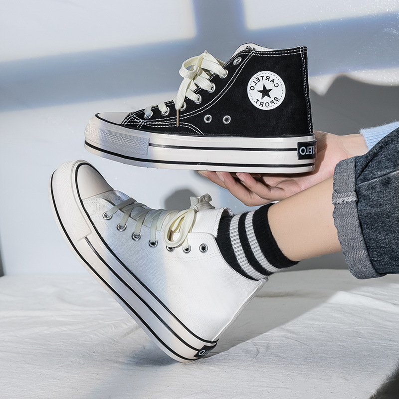 Inner Height-increasing Shoes 6cm White Shoes Women's Korean Style New Student's High Platform Trendy Shoes Wedge Heel High-top Canvas Shoes for Women