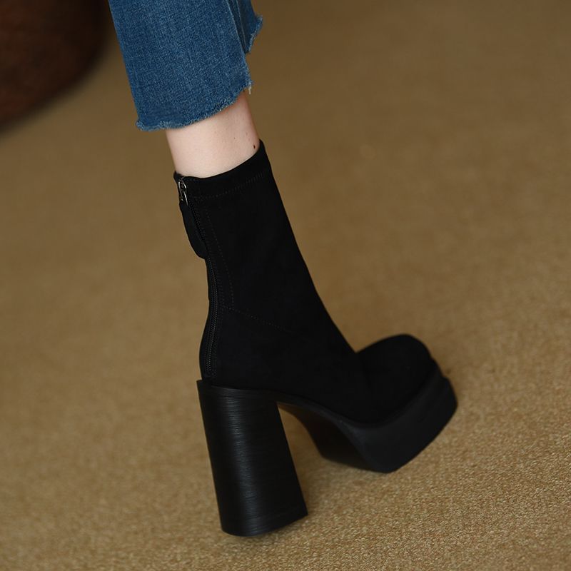 Fashion boots elastic boots Korean style thin boots 2023 autumn and winter super high heel chunky heel square toe waterproof platform short boots for women