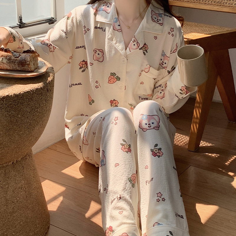 Pajamas women's autumn woven bubble cotton long sleeve new small floral cartoon outerwear homewear ins suit