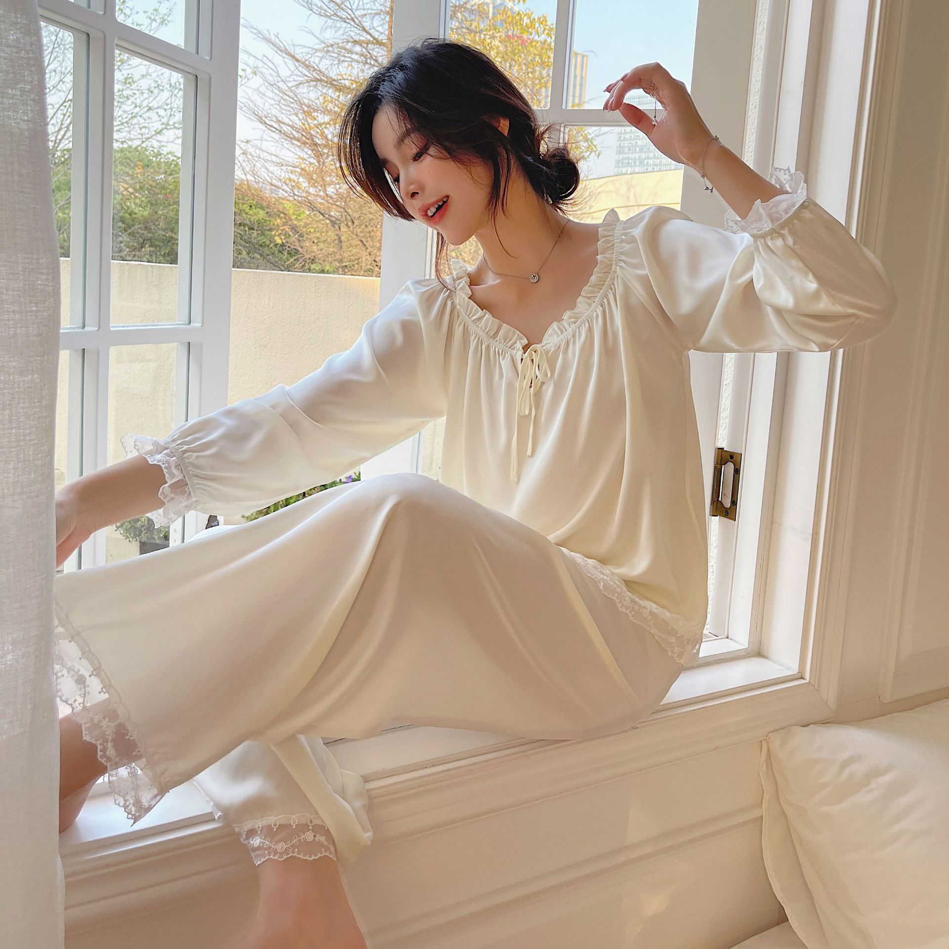 Pajamas Women's Autumn and Winter French Court Ice Silk Princess Style Silk Home Clothes Sweet Home Long Sleeve Trousers Set