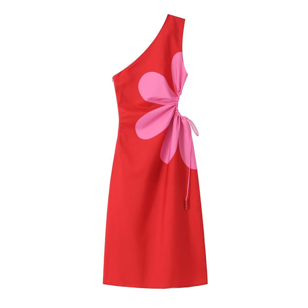 Spring 2024 women's clothing positioning flower printing oblique shoulder dress 9050