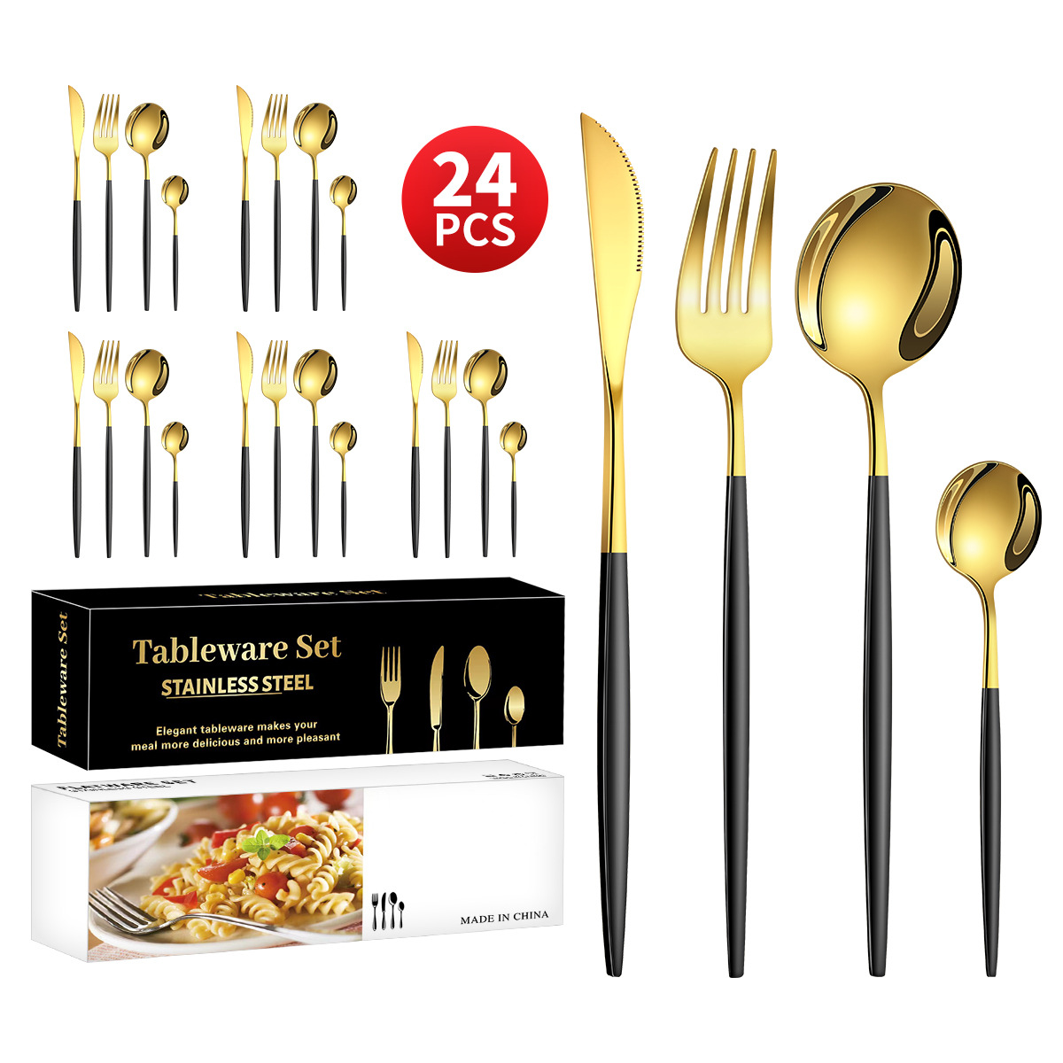 Amazon Cross Border Stainless Steel Thin Portuguese Knife, Fork and Spoon 24 Pieces Set Tableware Steak Knife Fork Coffee Spoon
