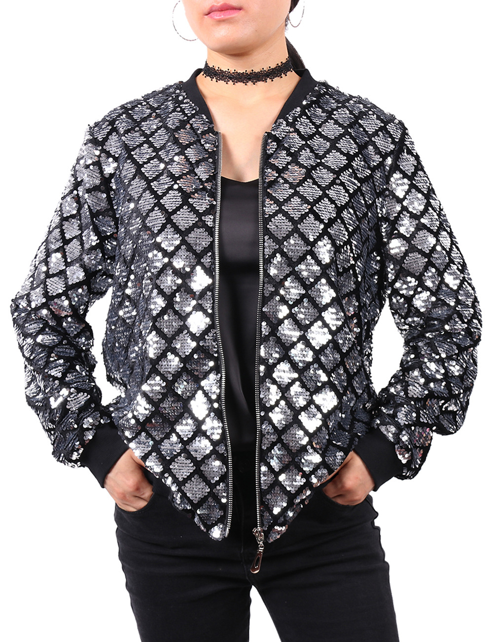 European and American cross-border new Amazon Women's sequined jacket Plaid shiny baseball uniform parka suit good quality