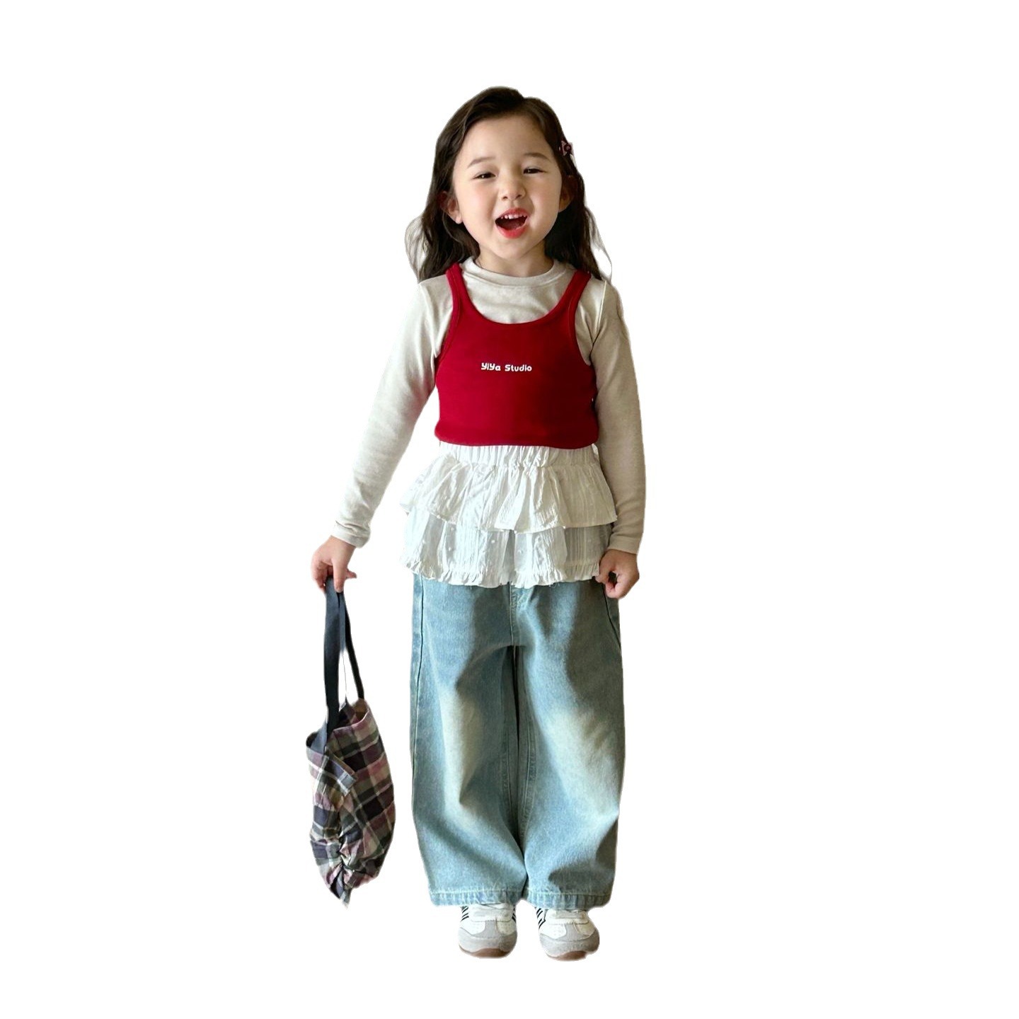 Autumn 2024 new children's clothing Korean children's clothing girls small letter printed vest T-shirt 2-piece long sleeve T