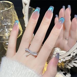 Explosions Wear Nail Ice Fantasy Blue French Cat Eye Dynamic Manual Fake Nail Wear Nail Art Finished Nail Pieces