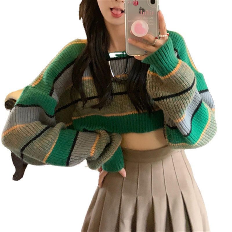European and American short lazy style color matching striped sweater Autumn 2023 new hot girl pullover color contrast knitted top women_voghion.com