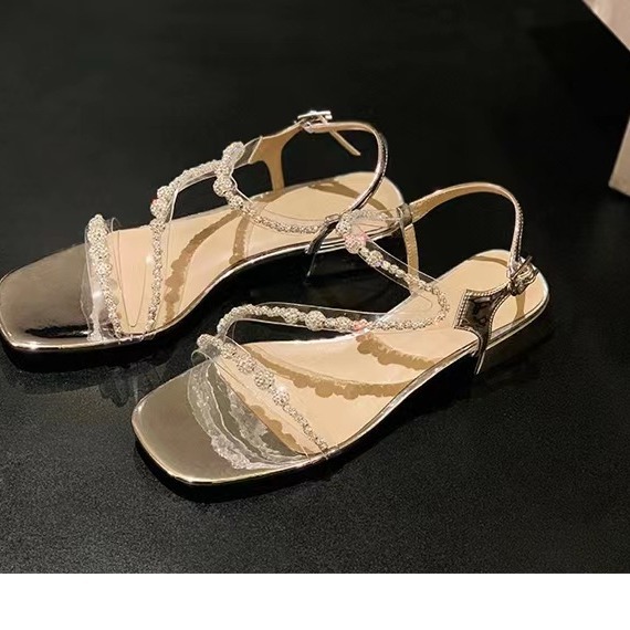 Grape Mom Same Style 2023 Summer New Korean Style Square Head Flash Diamond One-character High Heel Women's Shoes Thick Heel Sandals
