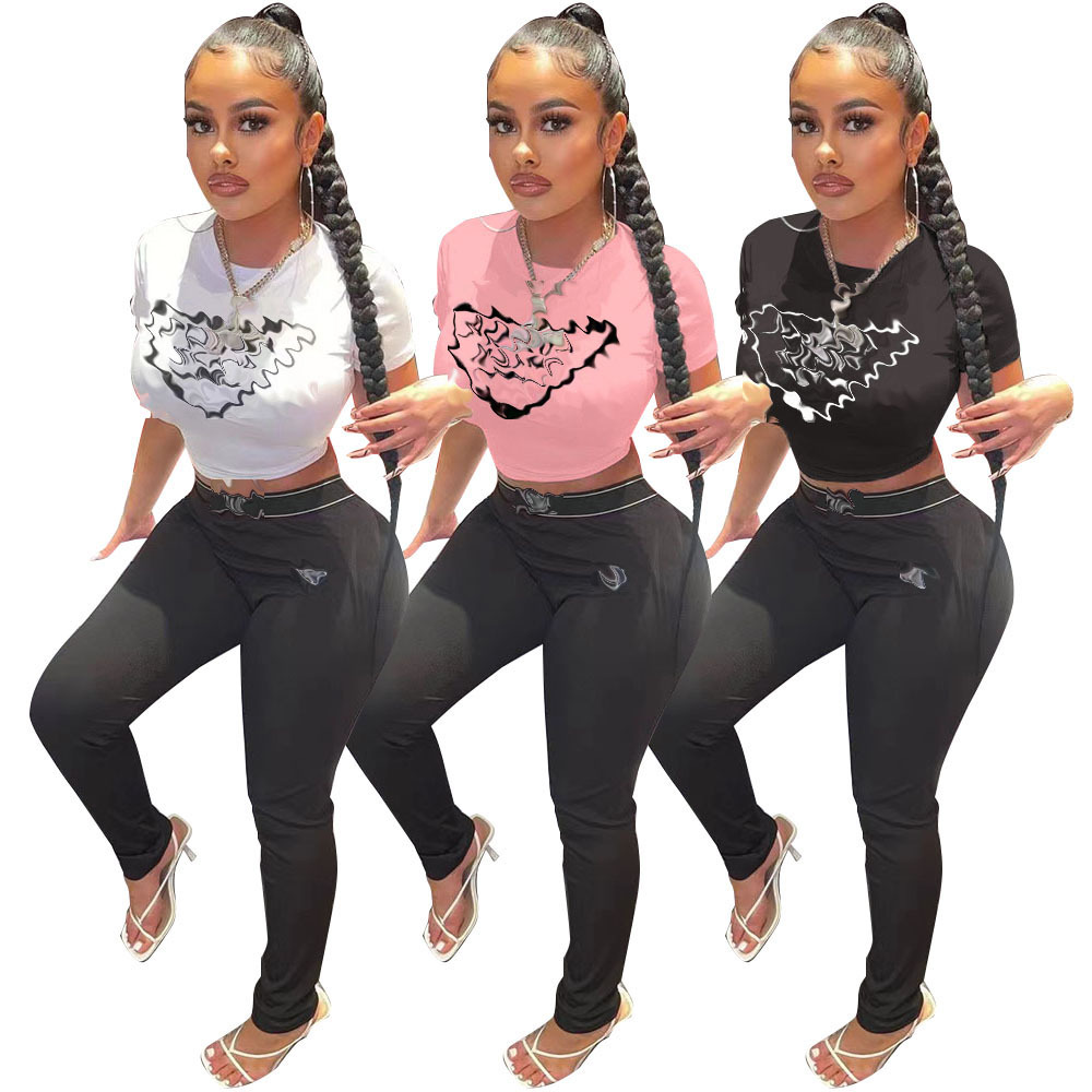 Y71320 New Cross-border European and American Independent Station High Street Tide Brand Wear Two Pieces of Letter Printed Short Sleeve T-shirt Trousers