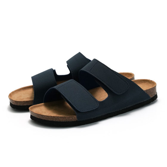 RUIZUSTOCK Wise Foot Men's Cork Slippers Trendy Student One-Word Slippers Double Strap Men's Beach Shoes Frosted Leather