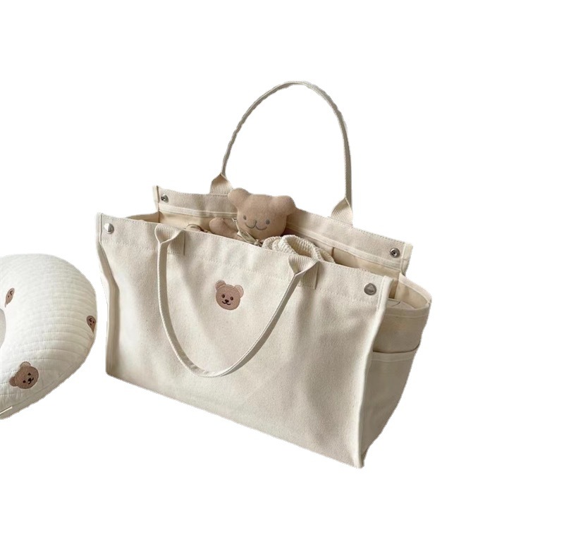 Korean Style ins Mummy Bag Large Capacity Multi-Functional Outgoing Portable Waterproof Embroidered Bear Canvas Bag