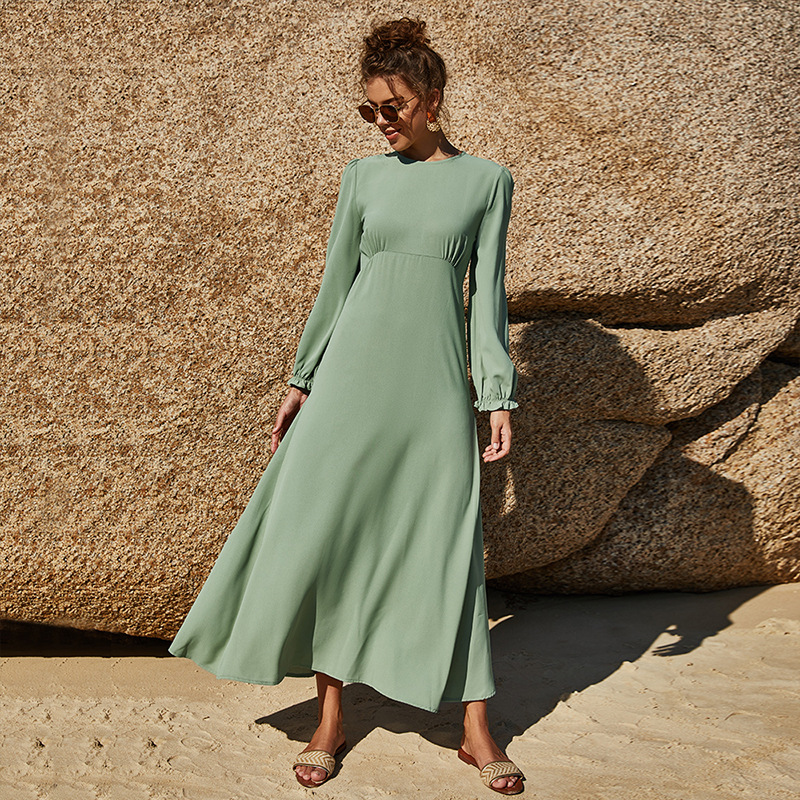 Spring and summer waist chiffon women's round neck solid color elastic sleeve large swing skirt long sleeve loose leisure ladies dress
