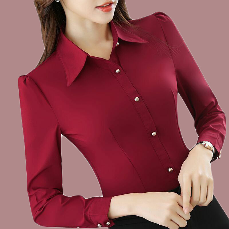 Red Shirt Women's Long-sleeved Spring New Korean Style Slim-fit Slim-fit Business Wear Top Women's Dress Overalls Shirt