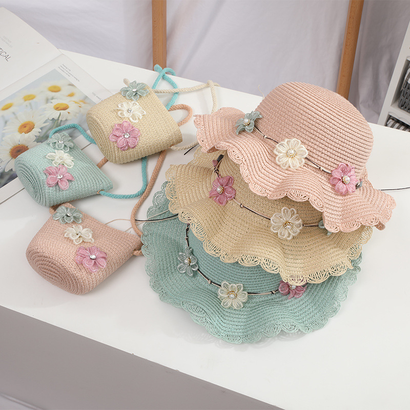 Children's Straw Hat Summer Sunshade Travel Beach Hat Bag Set Girl Princess Flower Sun Hat