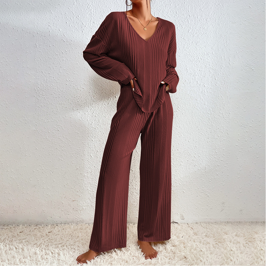 Autumn and Winter cross-border European and American Foreign trade Women's Home wear suit long-sleeved trousers two-piece rib warm home pajamas