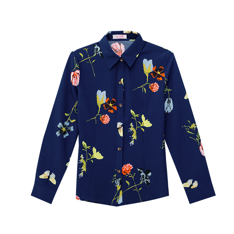 Spring new dark blue printed women's long-sleeved shirt new women's top clothes for middle-aged mothers western style top shirt