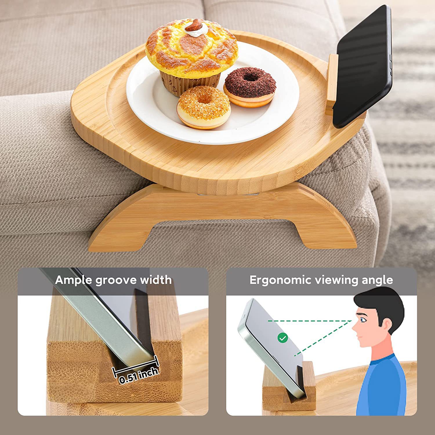 Lazy sofa armrest tray with rotating mobile phone platform bracket fruit snack tray breakfast plate rotating bracket