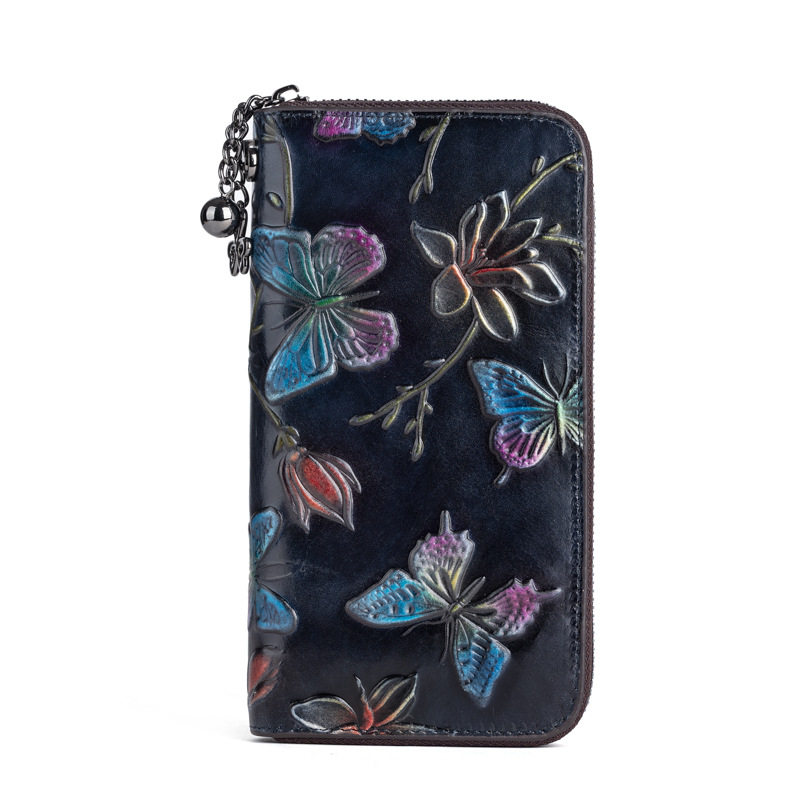 2023 new first layer cowhide handbag Women's Chinese style embossed brushed long wallet fashion retro clutch