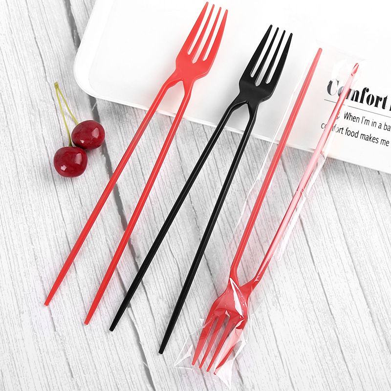 Disposable plastic fork chopsticks one take-out chopsticks fork dessert fried rice cake black red independent packaging can be exported