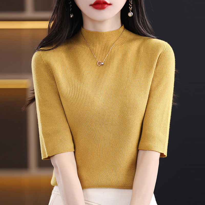 2023 Spring Knitwear Sweater Women's Slim-fit Half-turtleneck 5 Five-point Sleeve Base Sweater Women's Factory Batch