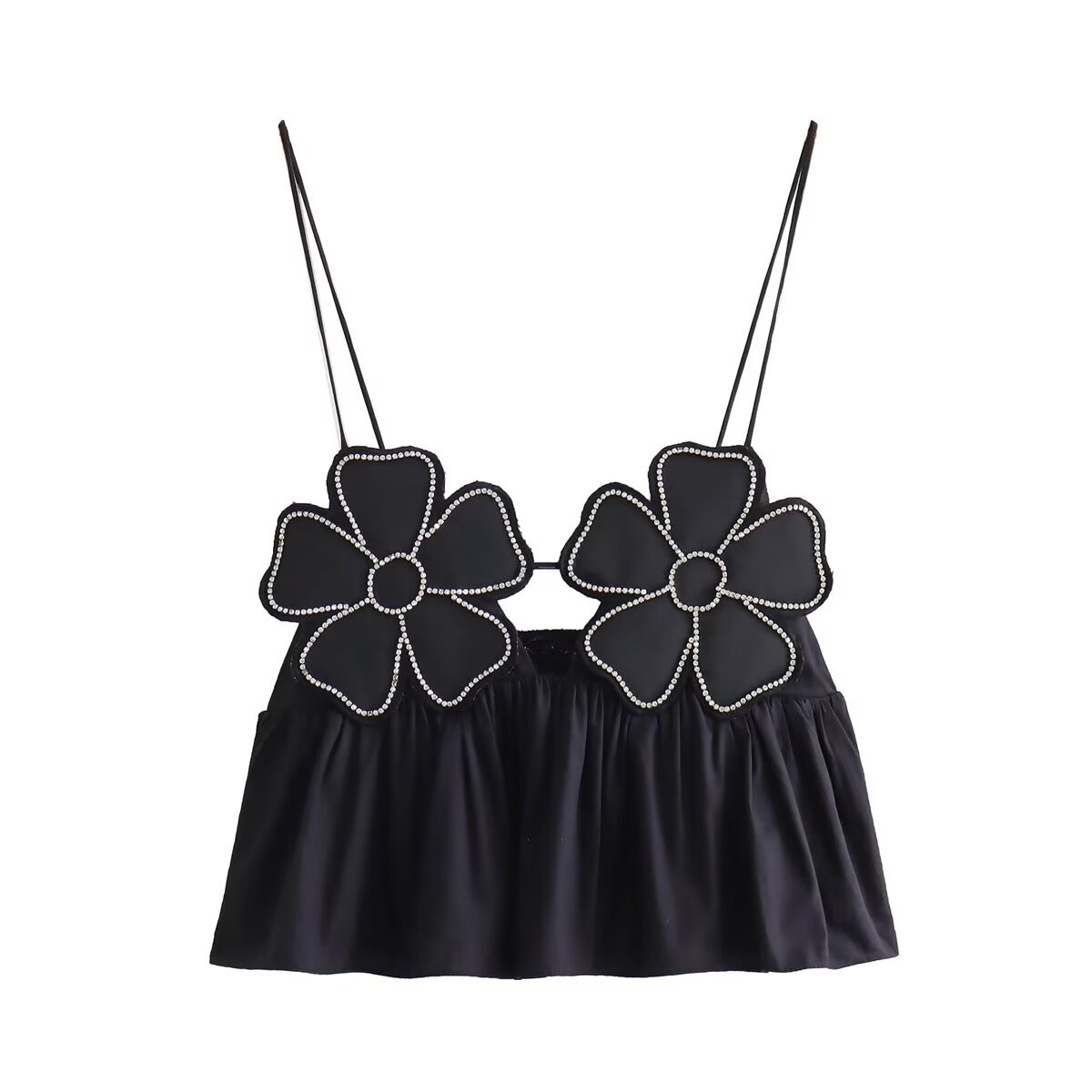 Summer 2023 European and American style autumn women's clothing new black bright flower decorative cotton top small camisole
