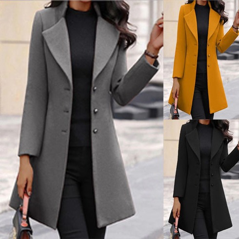 2024 New European and American Cross-border Autumn and Winter Long Korean Lapel Slim Solid Color Slim-fit Women's Woolen Coat