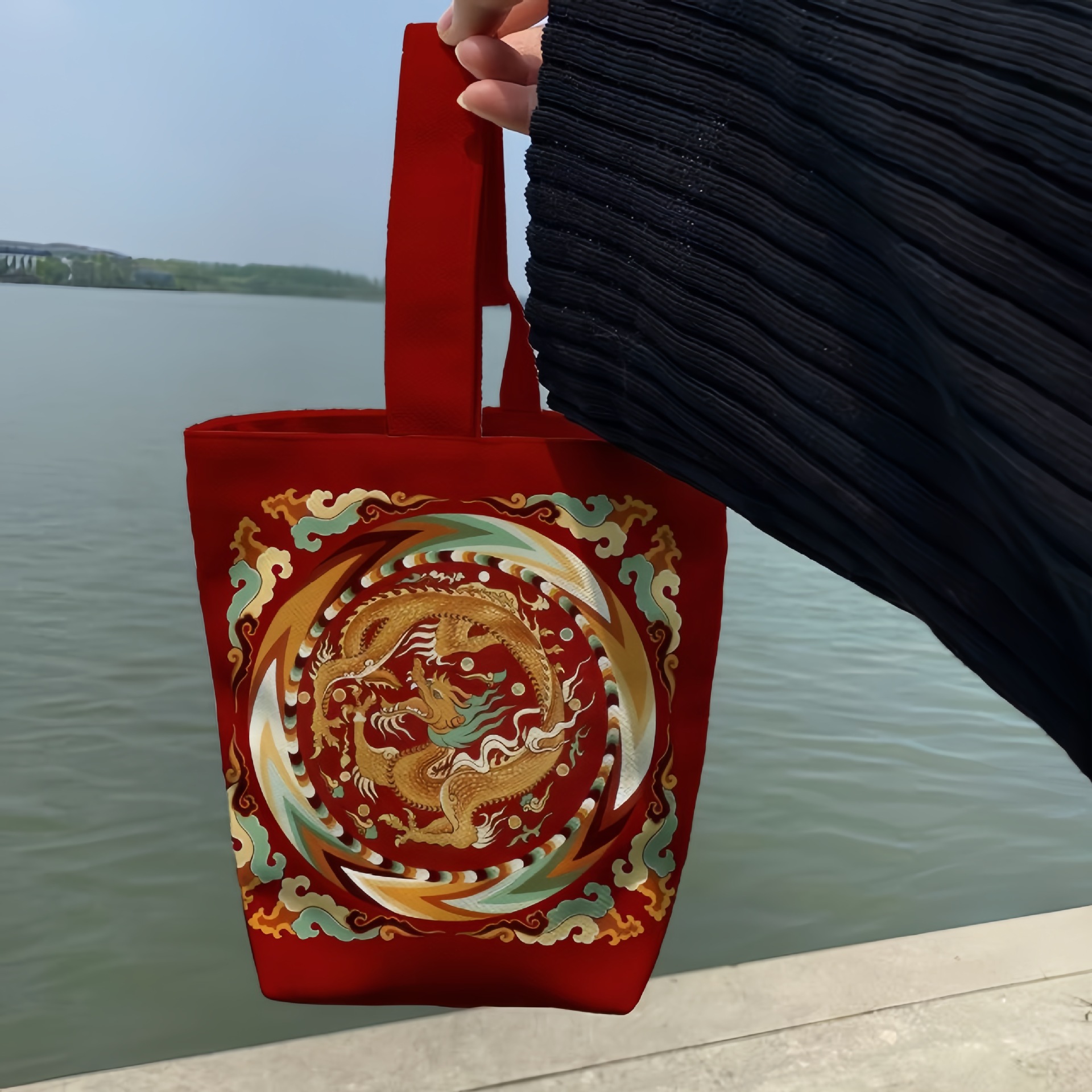 Chinese style 2024 Dragon year spring festival Dunhuang tuolong portable walking bucket bag wrist bag storage small bag gift