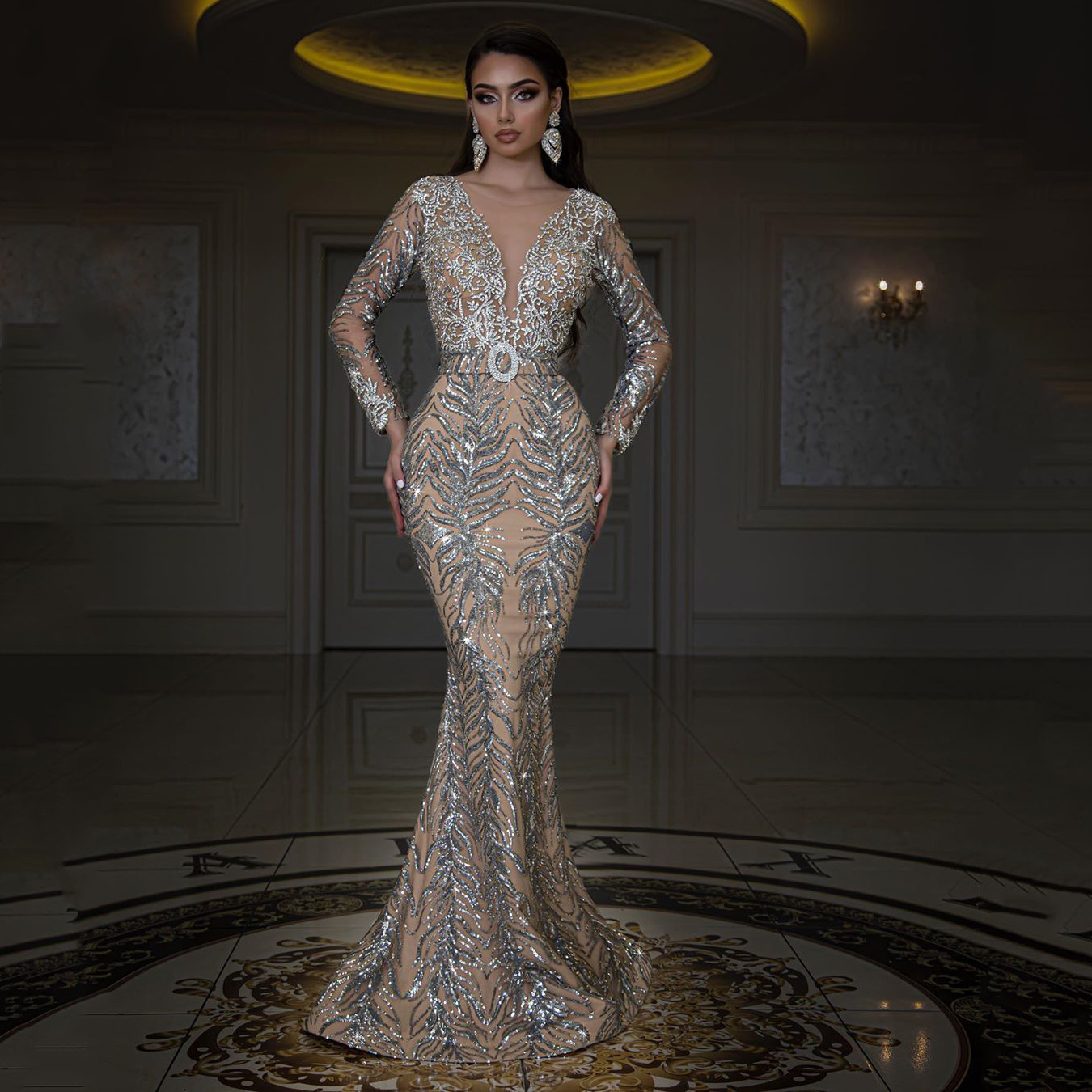 Spring 2023 New European and American Foreign Trade Women's Cross-border New Bronzing Long-sleeved Slim-fit Hip Sexy Long Dress Evening Dress