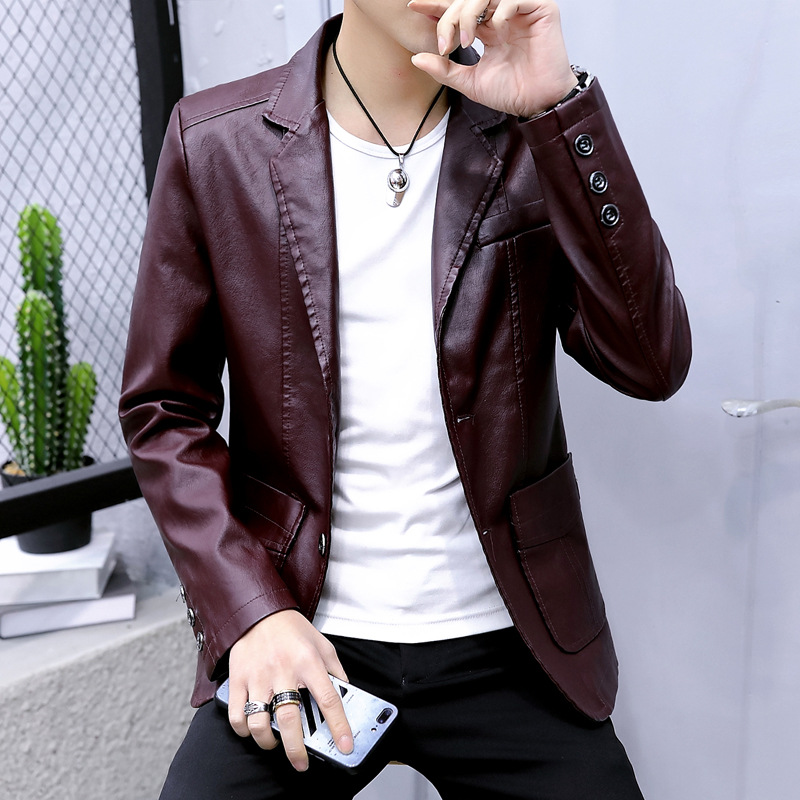 Leather suit men's autumn and winter New Korean style slim fit trendy handsome youth casual lapel fleece-lined leather jacket wholesale
