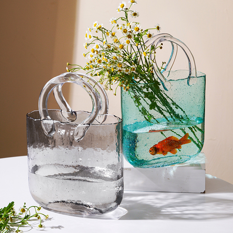 Bag vase ins style decorative glass hand basket flower arrangement hydroponic container flowers living room home ornaments