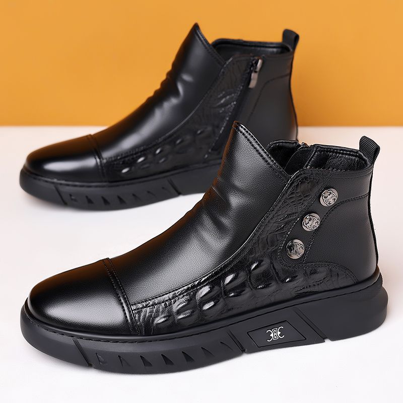 Martin boots men's shoes 2023 Winter new high-top casual crocodile pattern men's trendy fleece-lined warm side zipper overalls boots