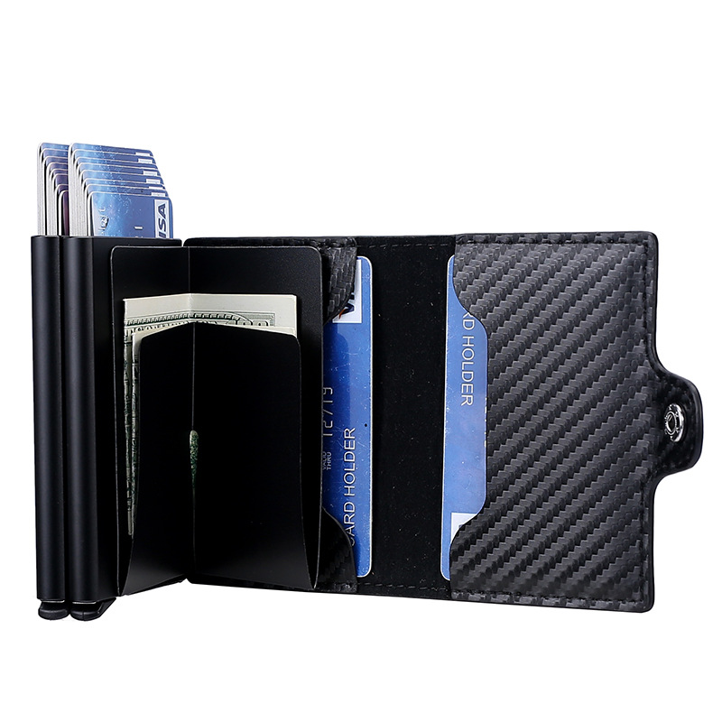 2023 new double-layer aluminum card box card holder men's wear-resistant PU automatic pop-up card holder carbon fiber wallet