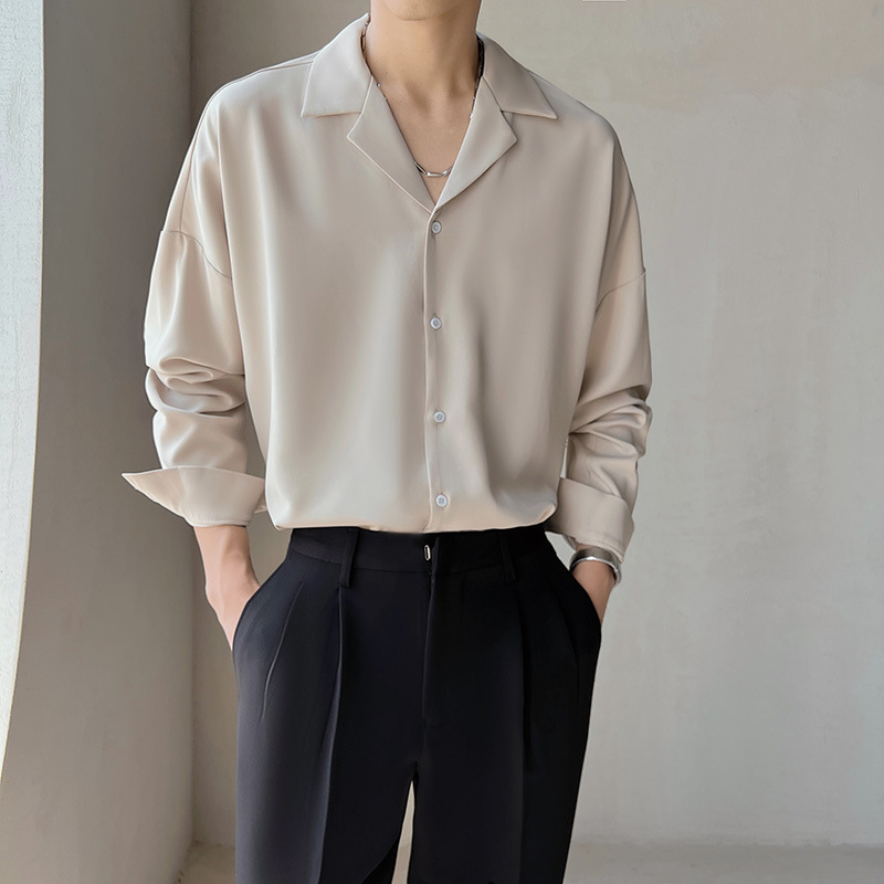 Cuban collar apricot shirt men's long sleeve light familiar high-grade ice silk ruffle handsome lazy wind non-ironing draping white shirt