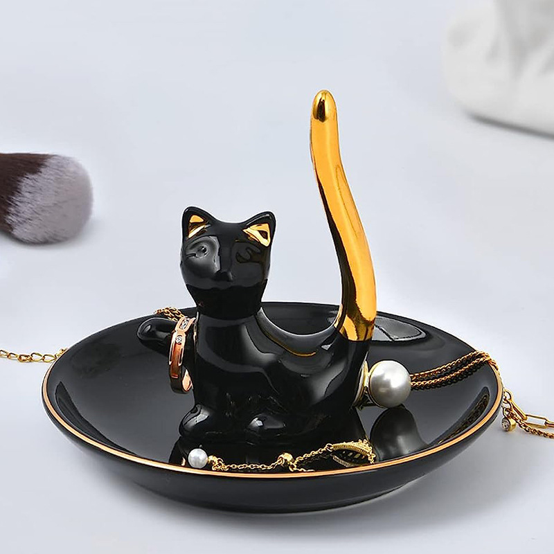 Nordic Ring jewelry rack gold ceramic jewelry box tray black kitten jewelry key storage tray