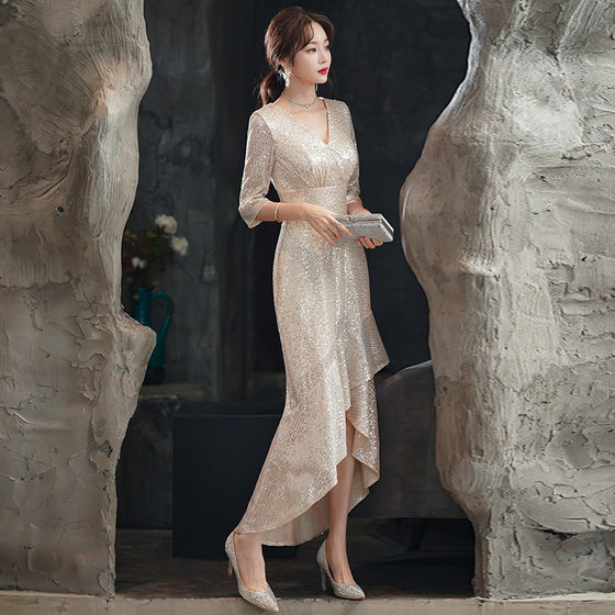 Fishtail Evening Dress Women's High-end Niche High-end Elegant Socialite Light Luxury Small Sequin Host Dress