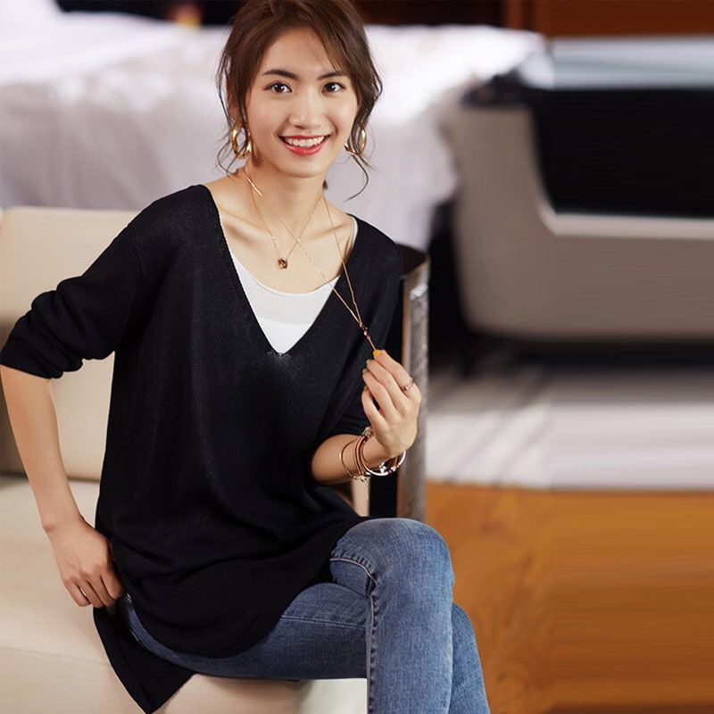 Factory direct supply  spring new large size splicing fake two-piece mid-length T-shirt loose slimming long-sleeved women