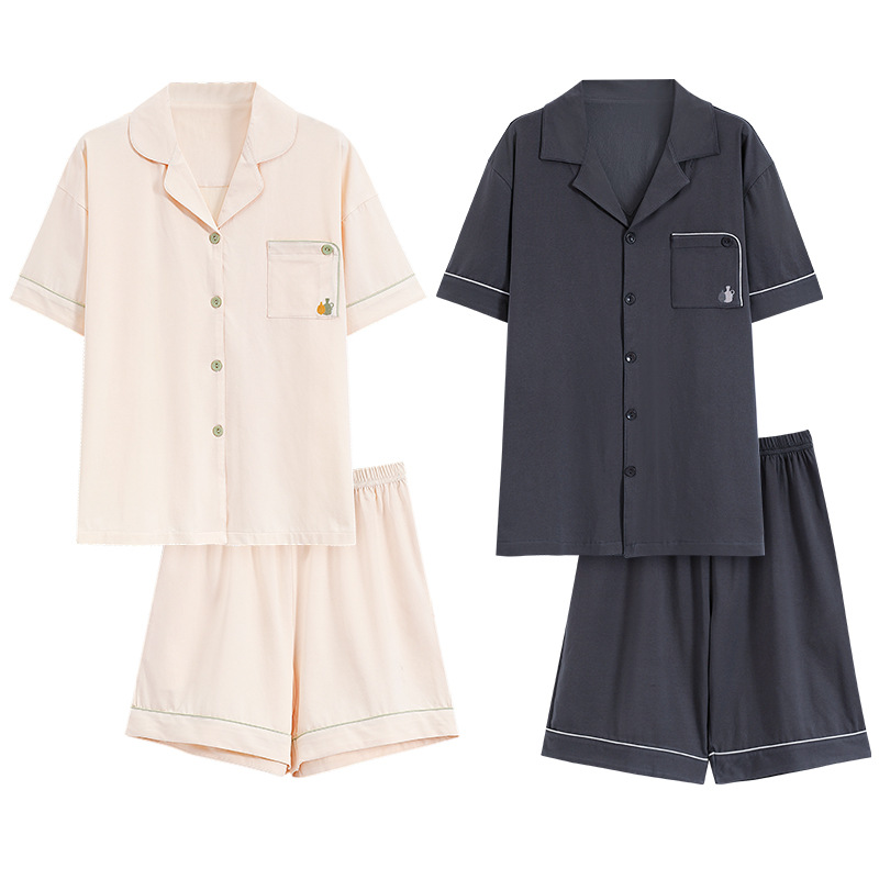 [Antibacterial] Couple Pajamas Summer Cotton Thin Cardigan Lapel Short Sleeve Shorts Korean Men's and Women's suit Home Clothes