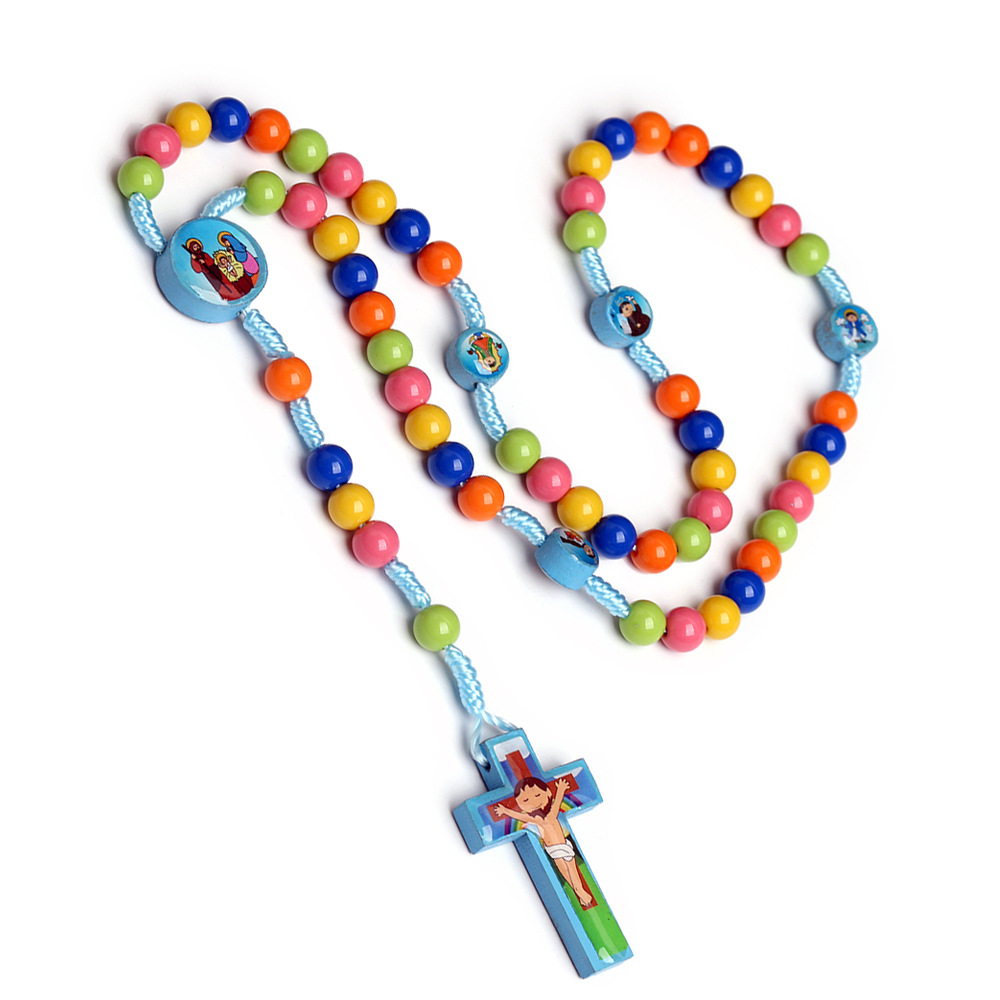 [Spot] children's colorful rosary necklace color beaded cartoon cross Amazon cross-border jewelry wholesale